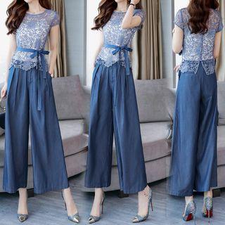 Set: Cap-sleeve Crochet Lace Top + Wide-leg Pants