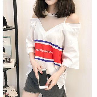 Elbow-sleeve Open Shoulder T-shirt