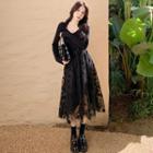 Long-sleeve Lace Overlay A-line Dress
