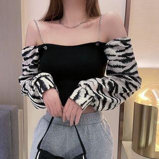 Off-shoulder Zebra Printed Panel Long-sleeve T-shirt Black - One Size