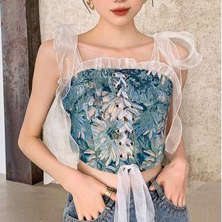 Lace-up Print Mesh Trim Camisole Top