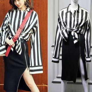 Stripe Blouse/ribbed Zip-side Skirt