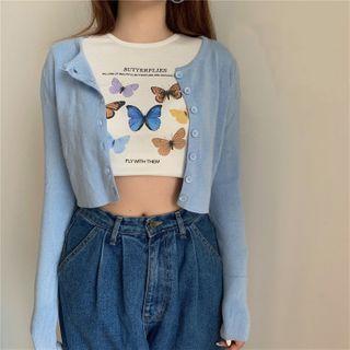 Short-sleeve Butterfly Print T-shirt / Plain Cardigan