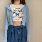 Short-sleeve Butterfly Print T-shirt / Plain Cardigan
