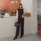 Set: Sleeveless Slit Knit Top + Shirt + Wide-leg Pants Charcoal Gray - One Size