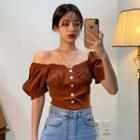 Off-shoulder Short-sleeve Blouse Reddish Brown - One Size