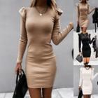 Long-sleeve Ruffle Trim Knit Mini Bodycon Dress