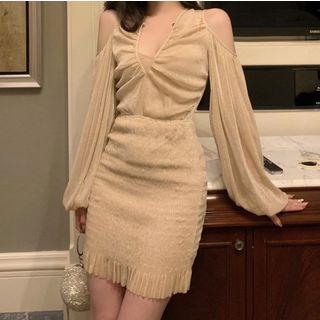 Set: V-neck Cold Shoulder Blouse + High-waist Mini Straight-fit Skirt
