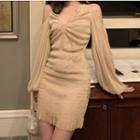 Set: V-neck Cold Shoulder Blouse + High-waist Mini Straight-fit Skirt