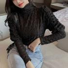 Puff-sleeve Turtleneck Lace Top