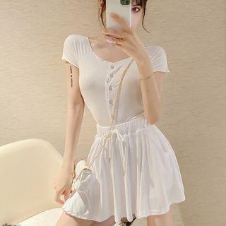 Set: Short-sleeve Button T-shirt + Mini A-line Skirt