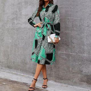 Long-sleeve Leopard Print Panel Midi Shirt Dress