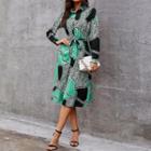 Long-sleeve Leopard Print Panel Midi Shirt Dress