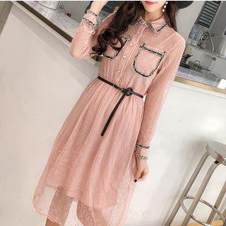Long-sleeve Collared Midi Lace Dress