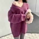 V-neck Oversize Plain Knit Sweater Purple - One Size