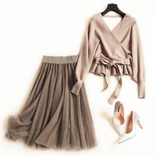 Set: Long-sleeve Tie-waist Knit Top + Midi A-line Mesh Skirt