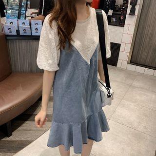 Mock Two-piece Elbow-sleeve Eyelet Lace Mermaid Dress