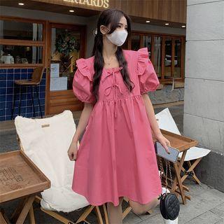 Puff-sleeve Bow Detail Ruffle Smock Dress