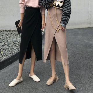 Front-slit Knit Midi A-line Skirt