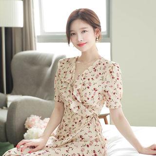 Ruffle-trim Rosette Midi Wrap Dress Beige - One Size