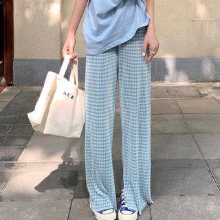 Plaid Side-slit Wide Leg Pants Blue - One Size