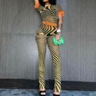 Set: Short-sleeve Patterned Mesh Top + Skinny Pants