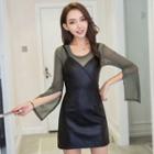 Set: Sheer Top + Faux-leather Jumper Dress