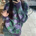 Round Neck Floral Sweater Purple - One Size