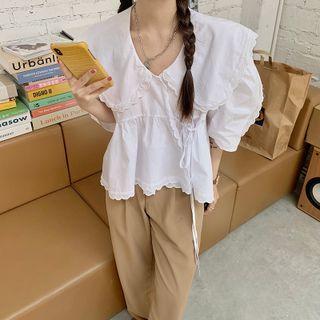 Puff-sleeve Collared Lace Trim Blouse White - One Size