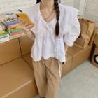 Puff-sleeve Collared Lace Trim Blouse White - One Size