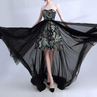 Embroidered Mesh Panel Bandeau Evening Gown