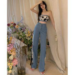 Set: Printed Tube Top + Patchwork Wide-leg Jeans