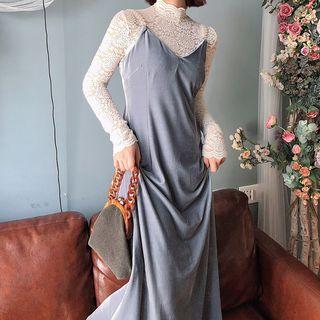 Faux Pearl Strap Velvet A-line Midi Dress