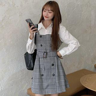 Long-sleeve Plain Shirt / Plaid A-line Dress