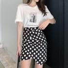 Set: Short Sleeve Print T-shirt + Asymmetric Dotted Mini A-line Skirt