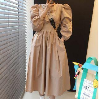 Round-neck Puff-sleeve Slim-fit Dress