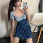 Patchwork Boatneck Ruffled-trim Mini Dress As Shown In Figure - One Size