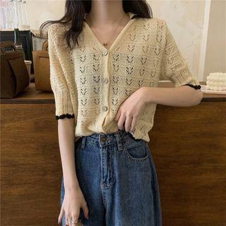 Short-sleeve Pointelle Button-up Knit Top