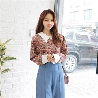 Contrast-collar Floral Pattern Shirt