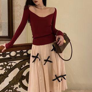 Set: Off-shoulder Long-sleeve Plain Knit Top / High-waist Bow Skirt