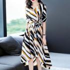 Color Block Striped Elbow-sleeve A-line Dress