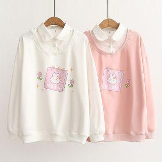 Mock Two-piece Collared Cartoon Print Sweatshirt