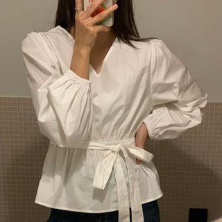 Long-sleeve Tie-waist V-neck Blouse White - One Size