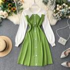 Long-sleeve Knit Buttoned Dress Green - One Size