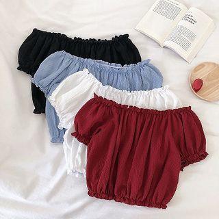 Plain Off-shoulder Frilled Short-sleeve Blouse