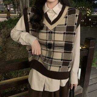 Shirt / Plaid Knit Sweater Vest / Midi A-line Skirt