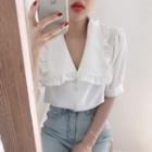 Short-sleeve V-neck Frilled Blouse