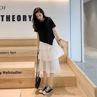 Set: Short-sleeve Asymmetric T-shirt + Midi Tiered Skirt