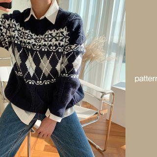 Crewneck Argyle Pattern Sweater Navy Blue - One Size
