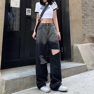 Distressed Gradient High Waist Wide Leg Jeans